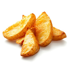 A golden crispy fried potato wedges with a crunchy batter, soft potato interior, and slightly curled edges