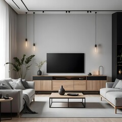 Modern Living Room Interior with Gray Sofa and Oak Media Console