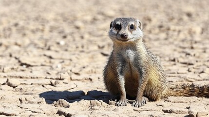 Fototapeta premium A mongoose on high alert in a dry, cracked desert environment