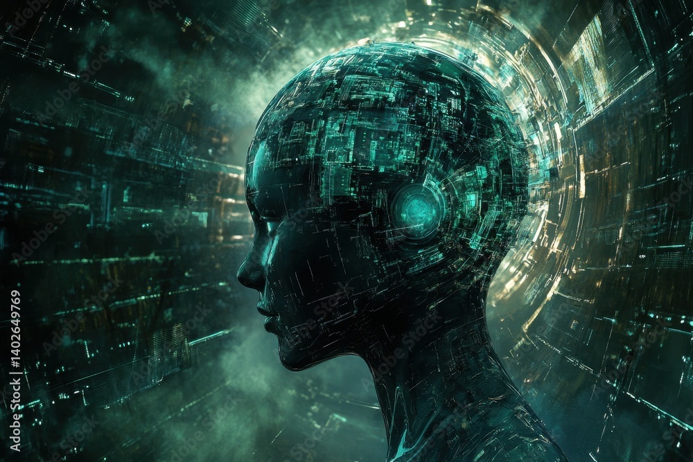 Poster futuristic representation of an artificial intelligence entity in a digital environment