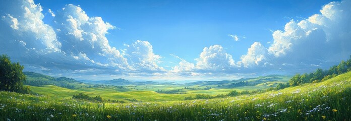 Fototapeta premium Impressionistic Landscape of Rolling Green Hills Under Bright Blue Sky with Fluffy White Clouds