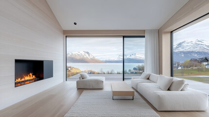 Fototapeta premium serene minimalist interior featuring cozy fireplace, large windows showcasing stunning mountain