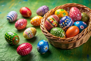 Fototapeta premium colorful decorated easter eggs placed near a wick