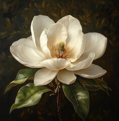 Realistic White Magnolia Flower with Green Leaves in Baroque Style Chiaroscuro Composition