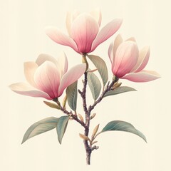 Fototapeta premium Magnolia Flowers and Leaves Botanical Illustration Watercolor Artwork Collage on White Background