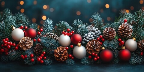 Festive Christmas Garland with Pine Needles Red Berries White Ornaments Close Up Natural Lighting