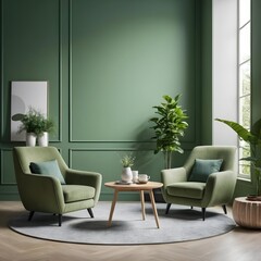 Green Living Room Interior Design with Armchairs and Plants