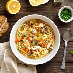 Diet chicken noodle soup with vegetables