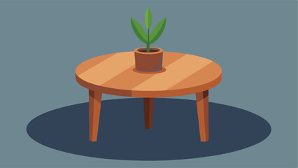 Fototapeta premium A round wooden table with a small potted plant in the center.