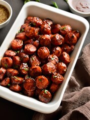 Sweet and spicy sausage bites in baking dish