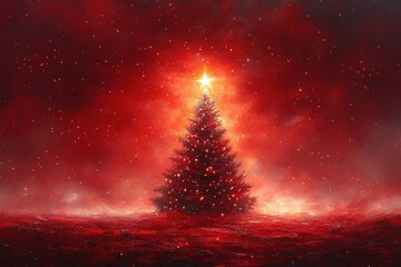 Christmas Tree Star Glow Festive Scene Greeting Card with Santa Sleigh