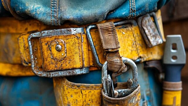 Close-up of a weathered tool belt showcasing worn leather, metal tools, and vibrant colors