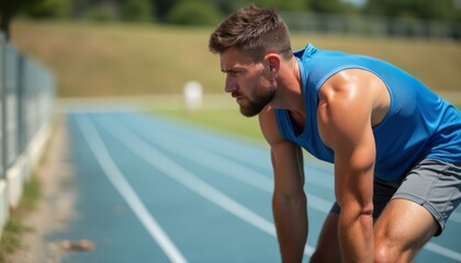 A determined young man in a sleeveless blue shirt leans forward, ready to sprint on a vibrant blue track. His intense focus and athletic build convey a sense of dedication and strength, embodying the