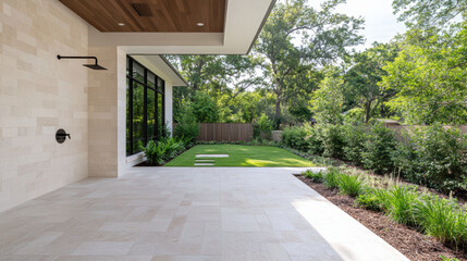 Luxurious outdoor space with modern design, featuring lush greenery and serene atmosphere