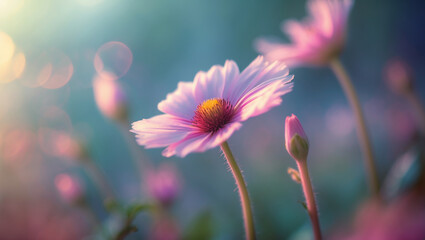 Charming pink cosmos flowers bathed in soft sunrise light, highlighting the gentle beauty of early morning nature