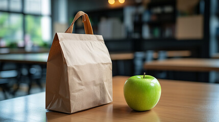 Brown paper lunch bag with green apple on wooden table  