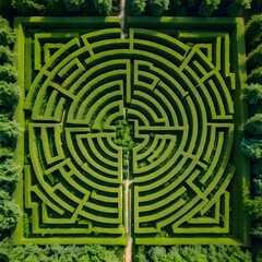 Aerial View of a Circular Green Hedge Maze