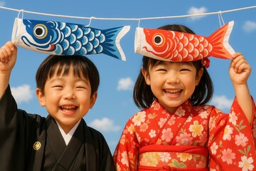 Two joyful children in traditional Japanese clothing celebrate Children's Day with colorful koinobori carp streamers. Golden Week in Japan. Children’s Day in Japan. Kodomo no Hi