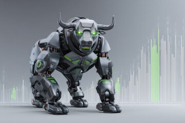 Futuristic robotic bull with glowing green eyes, symbolizing