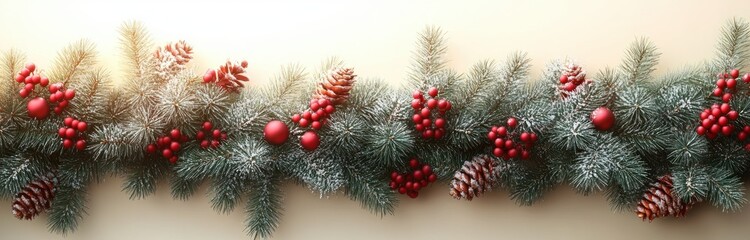 Obraz premium Festive Christmas Pine Garland with Bright Red Berries Isolated on White Background for Holiday Decoration