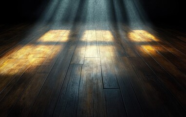 Obraz premium Dramatic Sunlight Illuminating Dark Wooden Floor in Empty Room