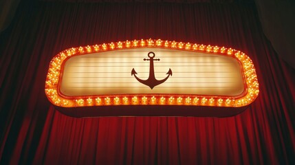 Illuminated anchor marquee sign on red curtain stage background nautical themed vintage signage with glowing lights for theater or event promotion 