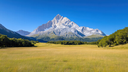 Fototapeta premium Majestic mountain peaks rise above golden meadow clear blue sky, creating serene landscape