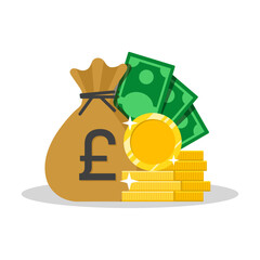 Pound cash money vector. United Kingdom currency bag with Pound symbol, coins, and cash financial wealth and savings concept vector illustration.