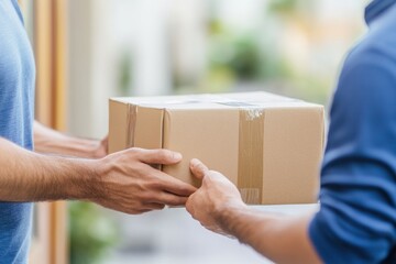 a man's hand receiving a delivery package from a young male courier in a blue shirt at the door