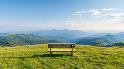 serene mountain view featuring wooden bench overlooking rolling hills and valleys. landscape