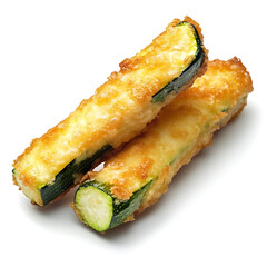 A golden crispy fried zucchini stick with a light batter, tender zucchini inside, and a slight golden hue