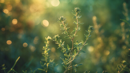 Fototapeta premium Green wild plant growing under soft sunlight in a dreamy natural setting. Ideal for eco, organic, or botanical concepts with a bokeh background