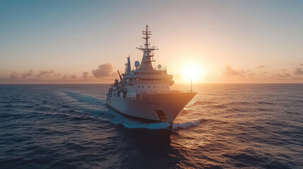 Fototapeta premium Majestic ship sailing across ocean at sunset, creating serene atmosphere