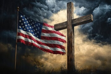 Patriotic American Flag and Christian Cross Against Stormy Sky
