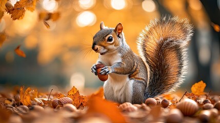 Playful Squirrel Gathering Acorns Under Vibrant Tree, A Lively Wildlife Scene in Autumn