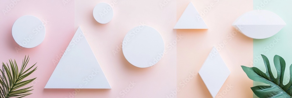 Poster Simple geometric white stickers arranged on a soft pastel background showcasing clean lines and minimal design elements