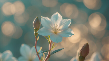 Fototapeta premium Delicate white flower in soft focus with glowing bokeh lights in the background, evoking a serene and romantic atmosphere