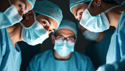 A dedicated team of surgeons, clad in scrubs and masks, leans in with intense concentration during a critical procedure. The image captures the essence of teamwork and precision in the operating room