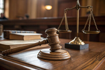 Wooden Gavel and Scales of Justice in Courtroom
