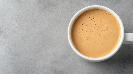 Creamy coffee in white cup on gray surface, inviting and warm