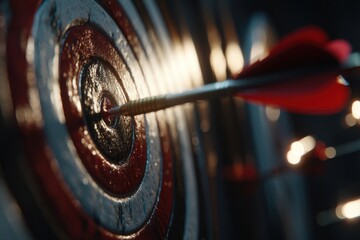 Close-up shot of an arrow hitting the bullseye on a dartboard, symbolizing achievement, target success, and focus with depth of field.