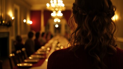 Elegant dinner party preparation with long table and luxury place settings before guests arrive 