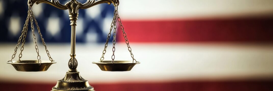 Scales of justice in front of waving national flag representing balance of power and lawful society