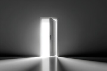 A doorway slightly open to a blinding bright light from a monochrome room symbolizes opportunity, escape and hope for the future.