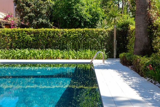 A close-up view of a pool corner with a sleek metal ladder, surrounded by lush greenery. The water is clear and inviting, while the vibrant hedges in the background add a natural touch.