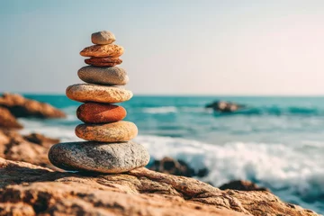 Selbstklebende Fototapeten Balanced stones at the beach, a tranquil scene of ocean and rocks, stacked smoothly, symbolizing balance and peacefulness, clear blue water adding to the zen atmosphere. © whitestorm