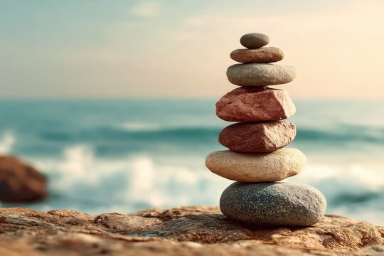 Tranquil stone stack by the sea, showcasing balance and peace against a soft, blurred ocean backdrop, promoting relaxation and mindfulness in a serene landscape.