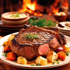 Grilled steak with roasted vegetables and side dishes by the fire Generative AI