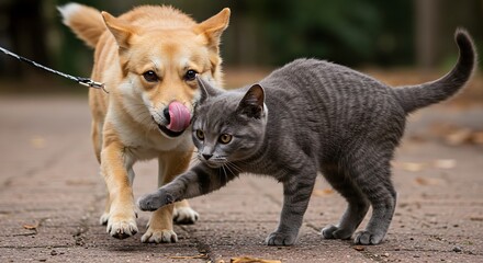 Friendly Dog and Cat Interact Outdoors