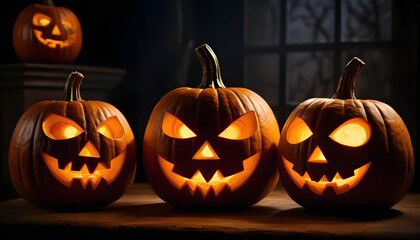 Three Jack-o'-lanterns Glowing on Wooden Table at Night